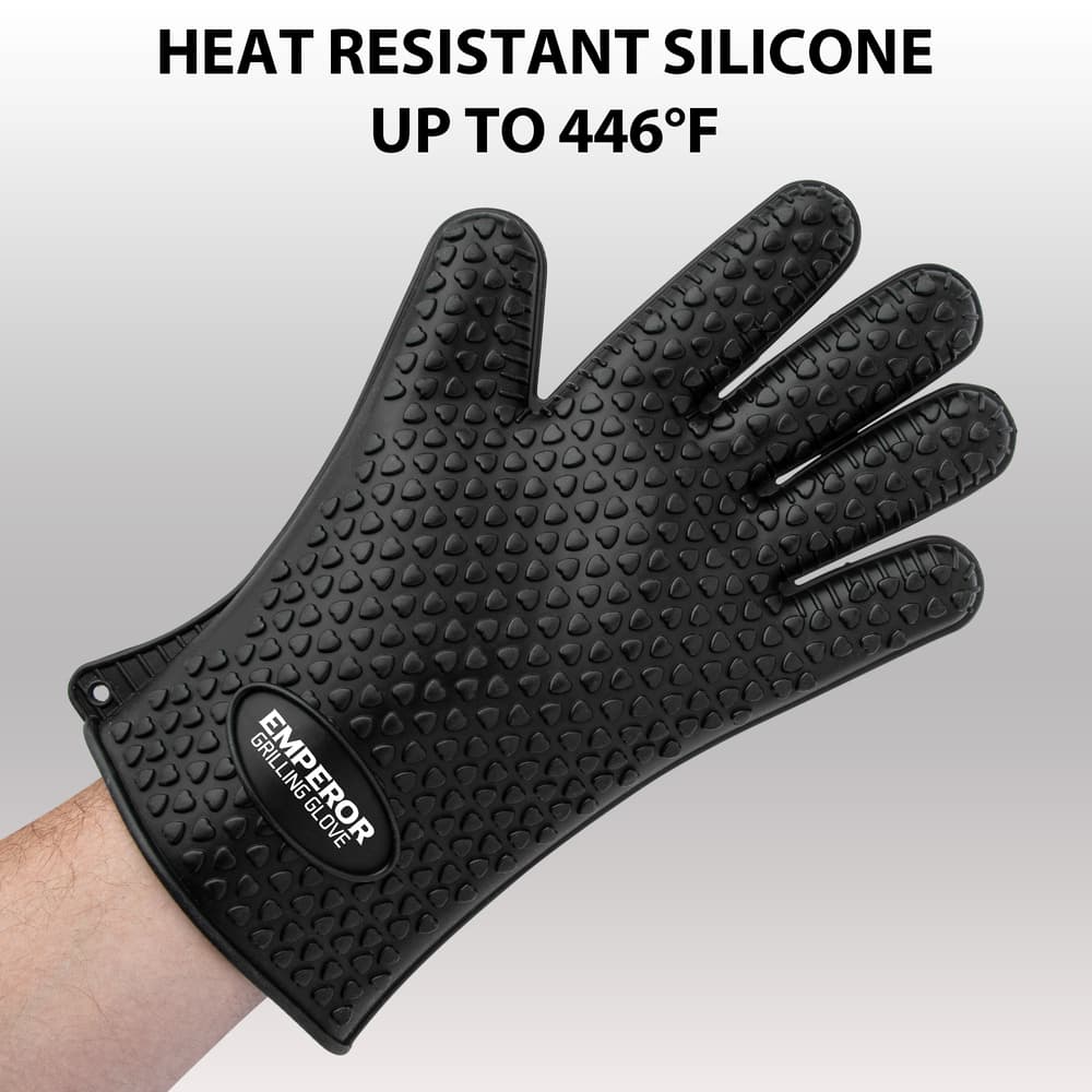 “Heat Resistant Silicone Up to 446 F” text shown above a photo of the black textured Emperor Grilling Glove on a hand. image number 1